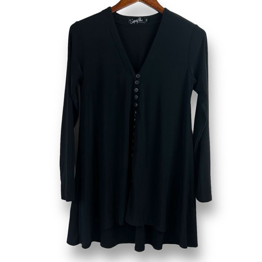 Sympli Women's 10 Long Sleeve Asymmetrical Layered Tunic Black Button Lagenlook